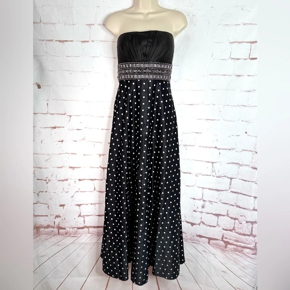 Jeweled Strapless Lace-Up Back Black and White Polka Dot Maxi Dress Size Small - Picture 10 of 16